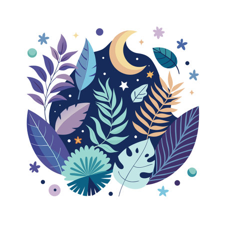Abstract circle of stylized tropical leaves and moon against a dark starry backgroundのイラスト素材
