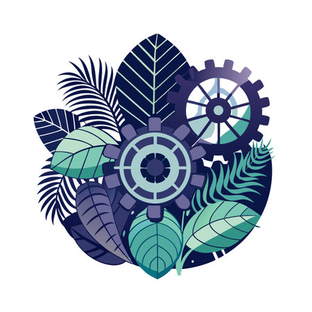 Nature and Technology Symbiosis: Gears Amidst Foliage in a Geometric Styleのイラスト素材