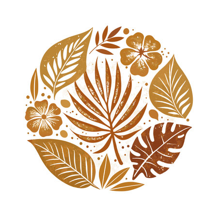 Tropical Foliage Circle Illustration of Flowers and Leaves in Earthy Brown Tonesのイラスト素材
