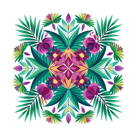 Botanical Mandala with Purple Flowers and Green Leaves in a Square Frameのイラスト素材