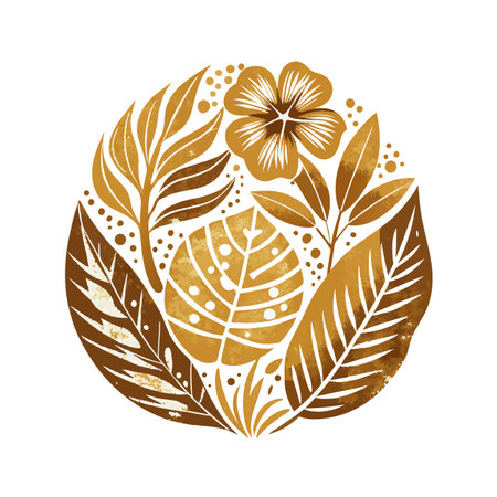 Botanical circle design with tropical leaves and hibiscus flower in monochrome color paletteのイラスト素材