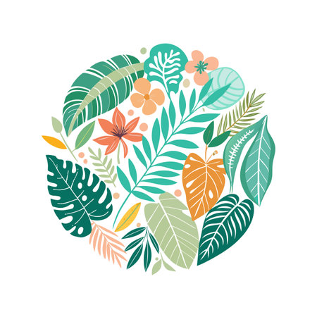 Tropical Leaf and Flower Circle Arrangement on White Background for Creative Designsのイラスト素材