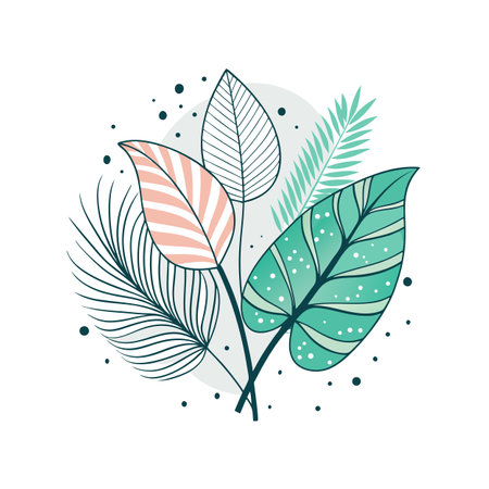 Botanical illustration featuring stylized leaves in a modern and fresh color palette on a white backgroundのイラスト素材