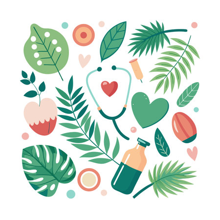 Health and Wellness Illustration with Tropical Leaves, Stethoscope, and Heart Symbols in Flat Styleのイラスト素材