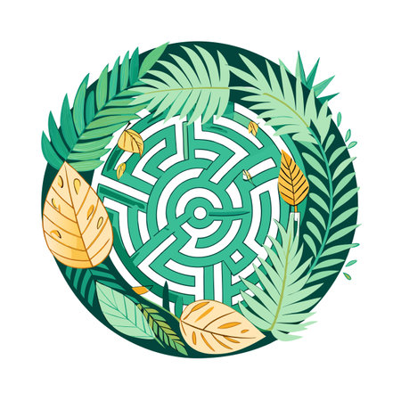 Tropical Labyrinth: A Circular Maze Surrounded by Vibrant Palm Leaves and Golden Autumn Foliageのイラスト素材