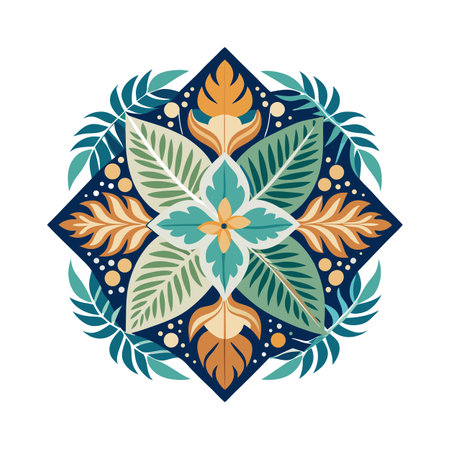 Floral Mandala Illustration: Abstract Leaf Pattern in Symmetrical Design with Flat Vector Artのイラスト素材