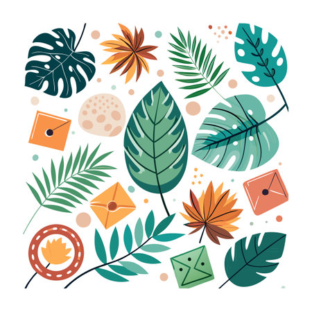 Vibrant Tropical Leaves and Abstract Shapes Arranged in Square Composition for Creative Designsのイラスト素材