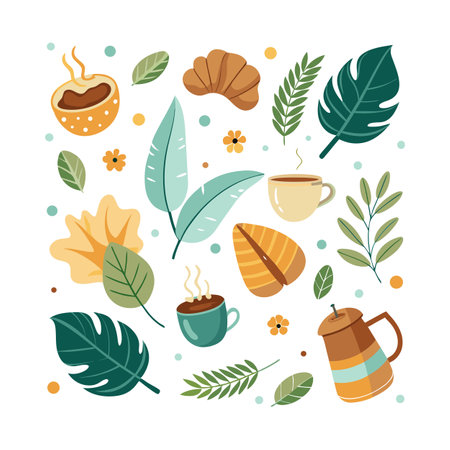 Cozy Morning: Flat Vector Still Life with Coffee, Pastries and Tropical Leavesのイラスト素材