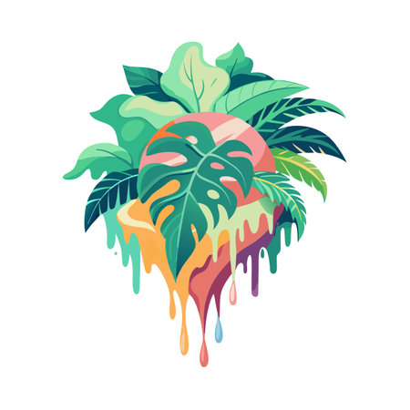 Tropical plant arrangement with dripping paint effect in a vibrant flat design styleのイラスト素材