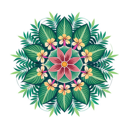Tropical Floral Mandala: A Geometric Arrangement of Leaves and Flowers in Repeating Patternsのイラスト素材