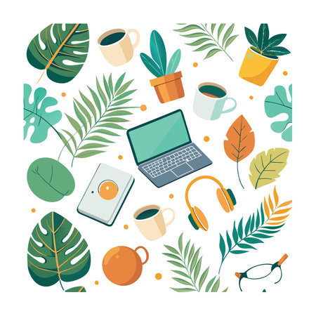 Tropical Workspace Still Life: Flat Vector Illustration of Home Office Essentialsのイラスト素材