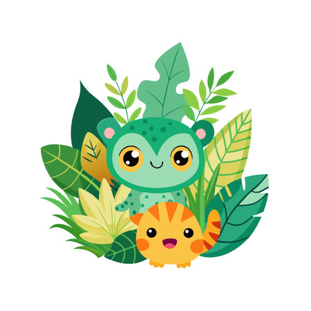 Cute cartoon lemur and tiger cub surrounded by lush tropical foliage on white backgroundのイラスト素材