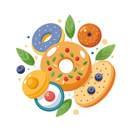 Colorful donuts and pastries flat illustration with blueberry, cherry and leaf toppings arrangementのイラスト素材