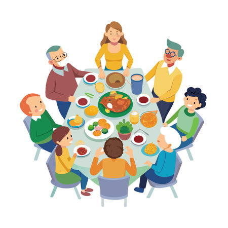 Family gathers for a celebratory dinner, sharing food and companionship around a festive table.のイラスト素材
