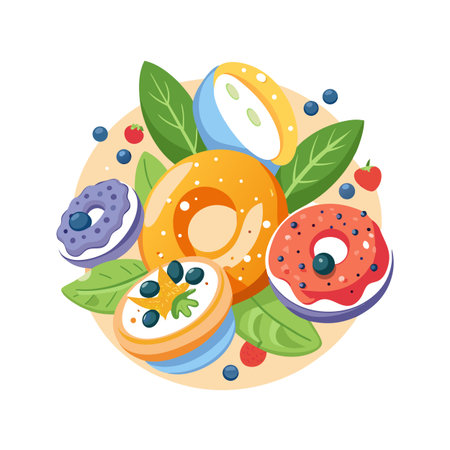Colorful Assorted Donuts and Fruits Flat Lay Arrangement on Beige Backgroundのイラスト素材