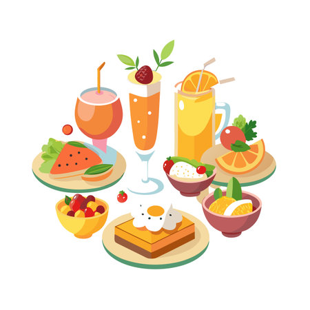 A vibrant arrangement of healthy food and drinks in a minimalist illustration styleのイラスト素材