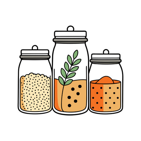 Artistic illustration of glass jars with organic food and leaf, on white backgroundのイラスト素材