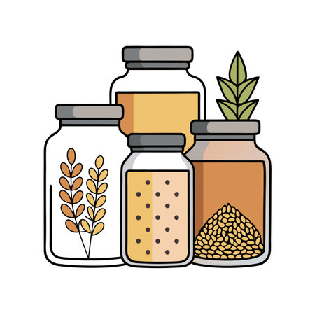 Assorted Jars of Seeds, Grain, and Leaves on White Backgroundのイラスト素材