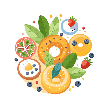 Vector illustration of bagels and dessert topping combinations in a circular design arrangementのイラスト素材