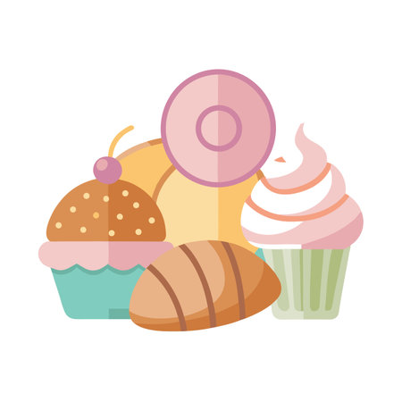 A charming assortment of colorful pastries and baked goods in a playful flat design styleのイラスト素材