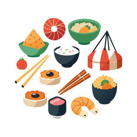 Vibrant Sushi and Japanese Food Illustration Arranged in Circular Composition on White Backgroundのイラスト素材