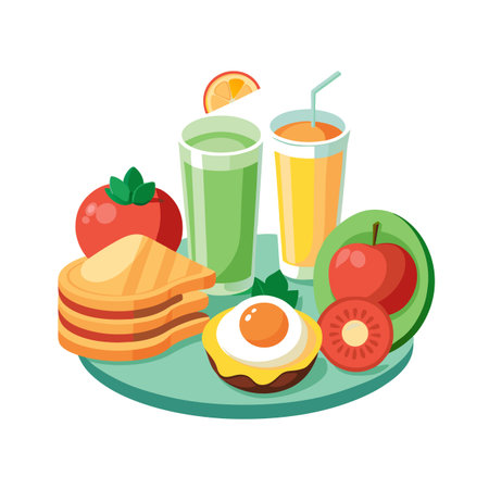 Vibrant breakfast tray with juice, pancakes, egg and fruit, flat vector illustrationのイラスト素材