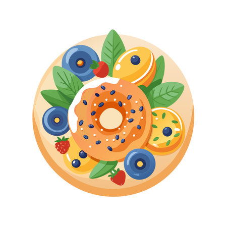 Colorful donut and fruit flat lay composition on a round plate for a sweet treatのイラスト素材