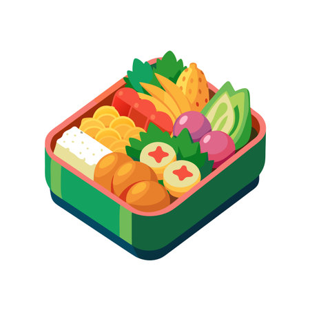 Colorful Cartoon Style Bento Box Filled with a Variety of Appetizing Foodsのイラスト素材