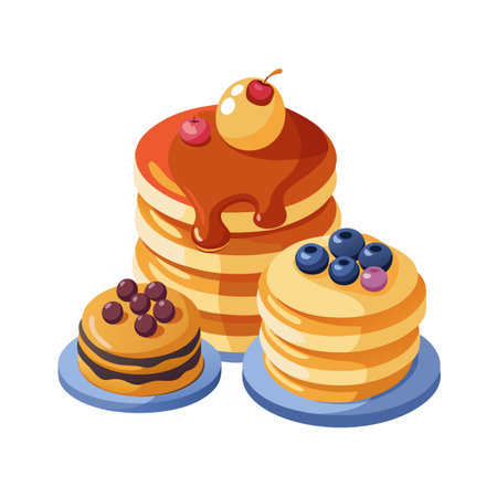 Delicious pancake stacks with syrup and fresh berries on plates against a white backgroundのイラスト素材