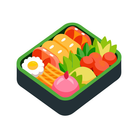 Isometric bento box illustration featuring tamagoyaki, tomatoes, lettuce, egg flower, pink turnip and hashbrownのイラスト素材