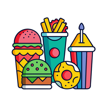 Vibrant Fast Food Icon Set Featuring Burger, Fries, Drink and Donut Designのイラスト素材