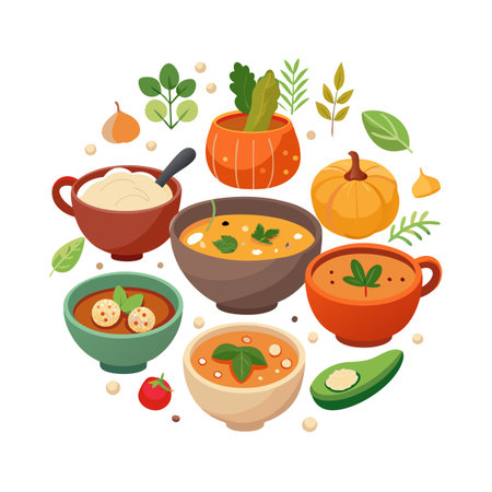 Assorted Vector Soup Bowls and Ingredients in a Round Composition for Healthy Eatingのイラスト素材