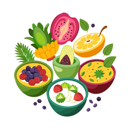 Vibrant fruit bowls and fruit slices arranged in a circle against a white backgroundのイラスト素材