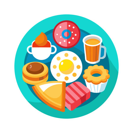 Colorful assortment of breakfast foods arranged in a circle, flat style illustrationのイラスト素材