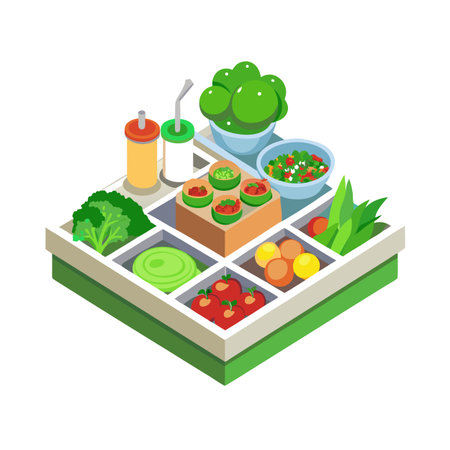 Isometric Salad Bar with Fresh Ingredients in Compartments, Ready for Healthy Meal Preparationのイラスト素材