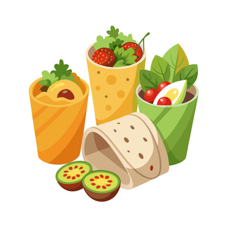 Colorful Wraps and Healthy Fillings: A Vibrant Isometric Still Life Compositionのイラスト素材