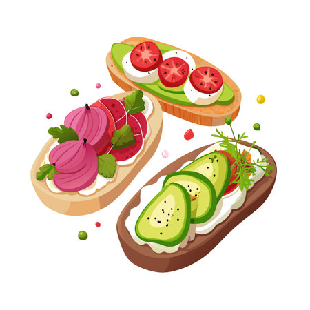 Three stylized open-faced sandwiches with fresh ingredients, arranged on a white background.のイラスト素材