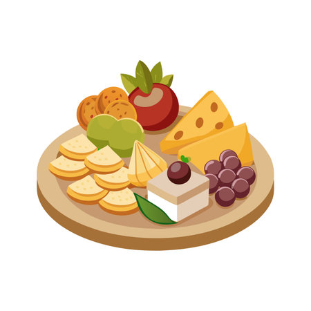 Illustration of a charcuterie board with assorted cheeses, crackers, fruits and dessert on a light brown surfaceのイラスト素材