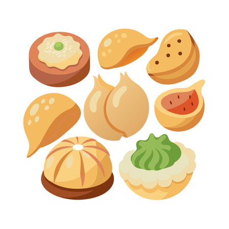 Cartoon Styled Assortment of Asian Dumplings and Pastries on White Backgroundのイラスト素材