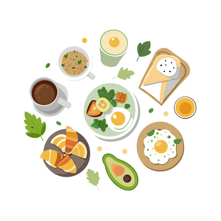 Flat Lay Illustration of a Healthy and Colorful Breakfast, Including Coffee and Fruitsのイラスト素材