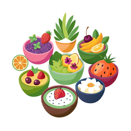 Collection of colorful fruit and plant bowls arranged on a white background, vector illustrationのイラスト素材