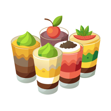 Colorful Layered Dessert Shots Assortment in Glasses with Fruit Toppings and Various Flavorsのイラスト素材