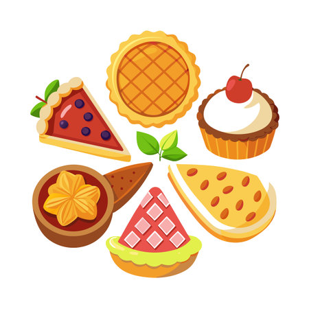 Colorful array of dessert pies and tarts in a circular arrangement on whiteのイラスト素材