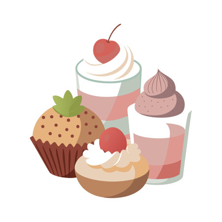 Illustration of various stylized dessert treats including parfaits and cupcakes on a white background.のイラスト素材