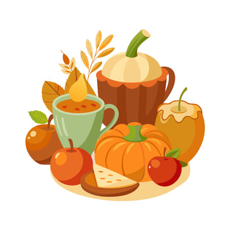 Autumn Harvest: Flat Vector Illustration of Pumpkins, Apples, and Fall Foliage Still Lifeのイラスト素材