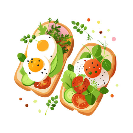 Two vibrant open-faced sandwiches on toast, adorned with eggs, vegetables and fresh herbsのイラスト素材