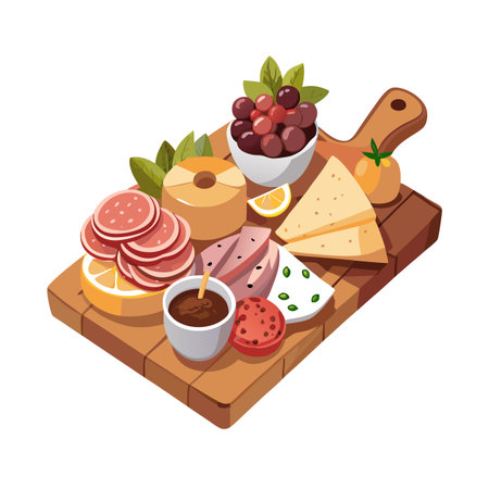 Isometric Wooden Board Featuring an Assortment of Delicious Food Selections for Appetizers or Snacksのイラスト素材