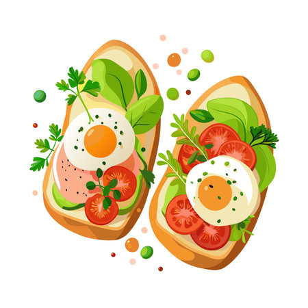 Two slices of toast with eggs and fresh vegetable toppings, top view illustrationのイラスト素材