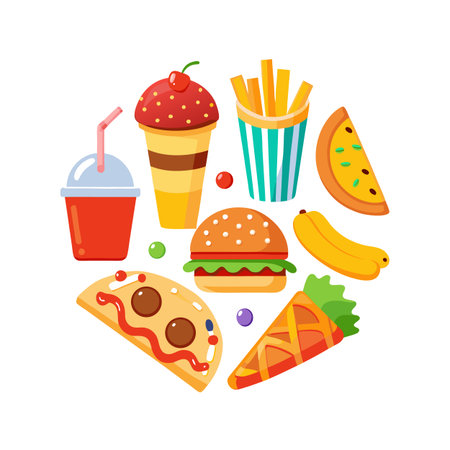 Vibrant Cartoon Fast Food Icons in Circular Arrangement on White Background for Menu Designのイラスト素材