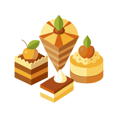 Isometric view of various pastries with cherry and leaf decoration, arranged on a plain backgroundのイラスト素材